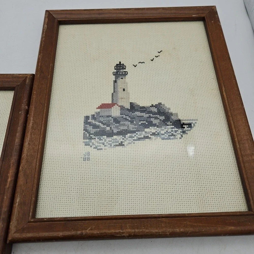 Vintage Lighthouse‎ Cross Stitch Framed Pictures Handmade 80s Set Of 2